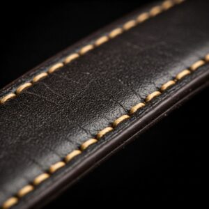 Detailed view of the stitching on a high-quality 20mm leather watch band.