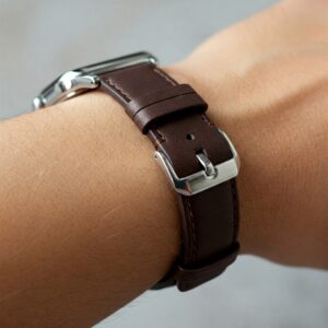 A 20mm leather watch band on a wrist, showcasing its fit and style.