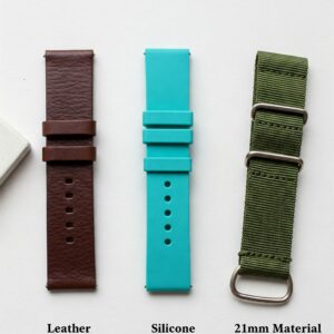 Visual comparison of different 21mm watch strap materials: leather, silicone, and nylon.