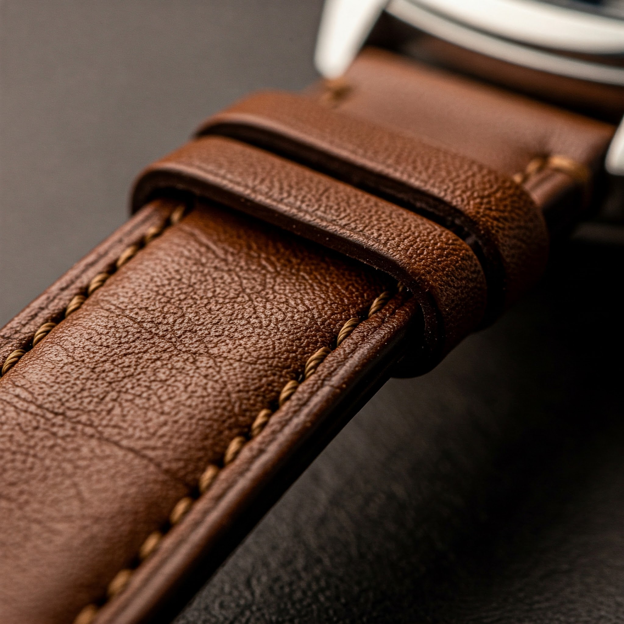 Close-up of a premium brown leather 21mm watch strap showing fine stitching and texture.