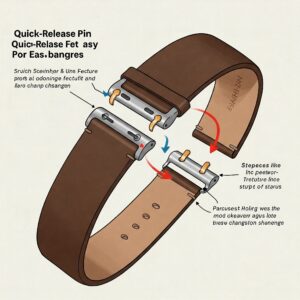 Illustration demonstrating the quick-release pin feature on a 24mm watch band for easy strap changes.