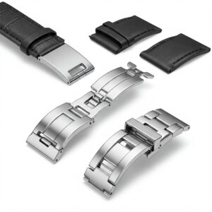 Variety of 24mm watch band options showcasing leather, silicone, and metal textures.