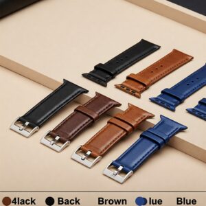 Selection of a 24mm watch band in popular colors: black, brown, and blue.