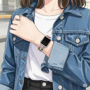 Illustration of a beaded Apple Watch band worn on a wrist, demonstrating how it complements everyday style.