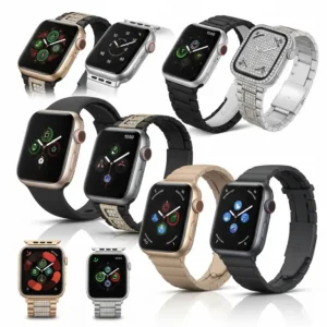 "Various diamond Apple Watch bands fitted seamlessly onto different Apple Watch models, demonstrating wide compatibility."