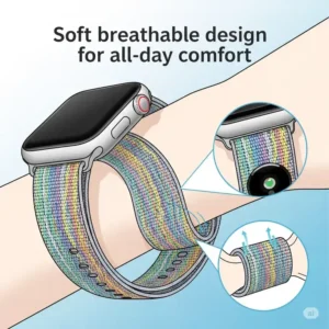 An illustration emphasizing the soft, breathable design of a nylon Apple Watch band for all-day comfort.