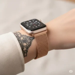 "A stylish rose gold apple watch band elegantly displayed on a person's wrist."