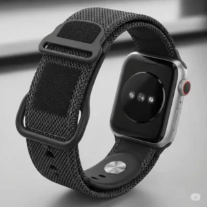An Apple Watch with a black sport loop fabric apple watch band, emphasizing its lightweight design and adjustable hook-and-loop closure, perfect for active lifestyles.