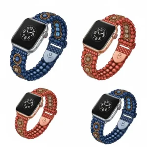  Illustration showcasing a vibrant collection of beaded Apple Watch bands in various colors and finishes.