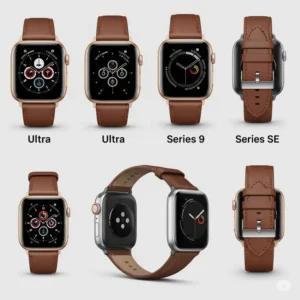 Brown leather Apple Watch band shown compatible with various Apple Watch series, including Ultra, Series 9, and SE models.
