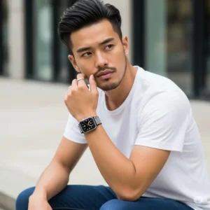 "Stylish individual wearing a black diamond Apple Watch band casually, perfect for everyday elegance."