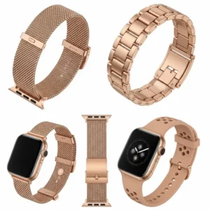 "Various styles of rose gold apple watch band, including mesh and link options."