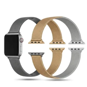 "Silver apple watch band shown with different Apple Watch case colors like space gray, gold, and silver."