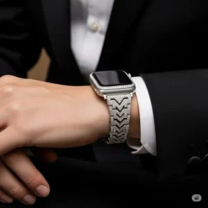 "Elegant hand wearing a luxurious diamond Apple Watch band with formal attire, ideal for special occasions."