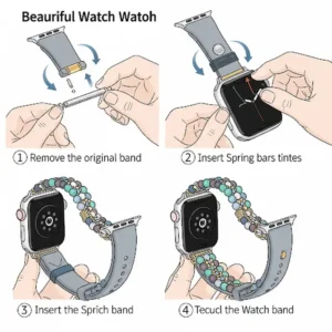 Illustrated guide demonstrating how to easily attach a beaded Apple Watch band to an Apple Watch.