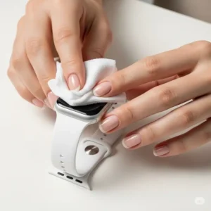 Hands gently cleaning a hypoallergenic Apple Watch band, demonstrating its easy maintenance for lasting comfort.
