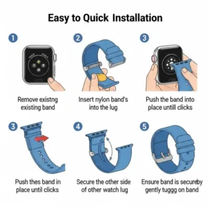 Step-by-step illustration showing the easy and quick installation process of a nylon Apple Watch band.
