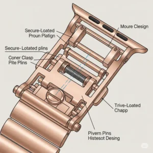 "Detailed illustration of the secure clasp mechanism of a rose gold apple watch band."