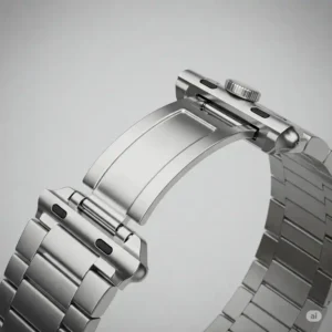 "Detailed view of the clasp mechanism of a silver apple watch band, illustrating its security and ease of use."
