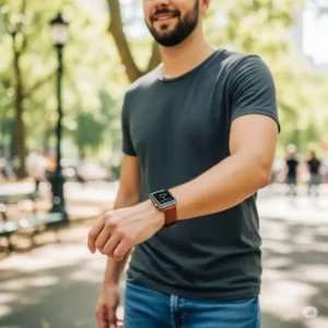 Person wearing an Apple Watch with a brown leather Apple Watch band in a casual setting, demonstrating its versatility for everyday style.
