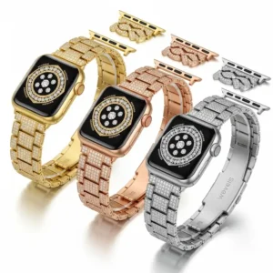 "Collection of diamond Apple Watch bands in various metal finishes: gold, rose gold, and silver."