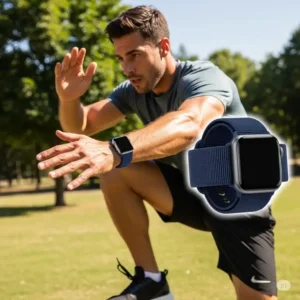 An active individual wearing a nylon Apple Watch band during a workout, demonstrating its suitability for sports.