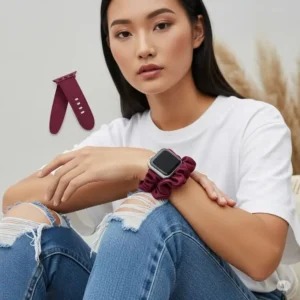 Scrunchie apple watch band elegantly paired with a casual outfit, demonstrating its versatility as a fashion accessory.