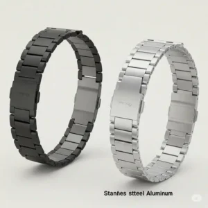 "Comparison of different silver apple watch band materials, such as stainless steel and aluminum."