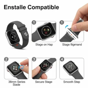 A visual guide showing the easy installation process of new **38mm Apple Watch Series 3 bands**, emphasizing compatibility.
