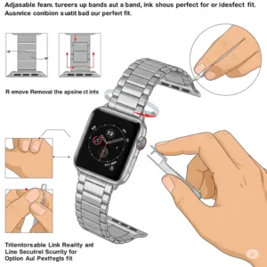 "Illustration demonstrating the adjustable features of a silver apple watch band for a perfect fit."