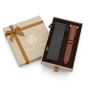 Premium packaging for a brown leather Apple Watch band, suggesting it as an ideal gift or luxury accessory.