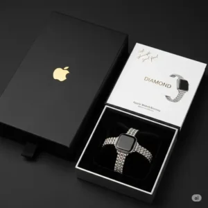 "Premium packaging for a diamond Apple Watch band, emphasizing its luxury and gifting potential."