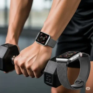 A durable hypoallergenic Apple Watch band worn during a workout, illustrating its comfort and suitability for active lifestyles. 