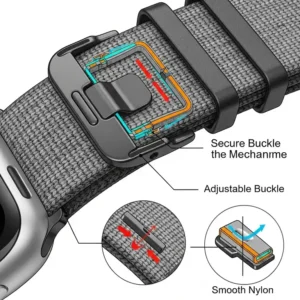 Detailed illustration of the secure and adjustable buckle mechanism on a nylon Apple Watch band.