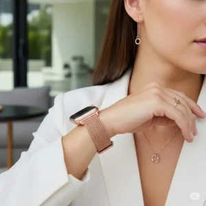 "Rose gold apple watch band styled in a lifestyle setting, paired with complementary jewelry."