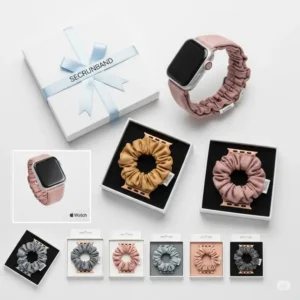Scrunchie apple watch band detailed shot showcasing the durable elastic and stitching quality.