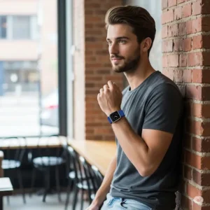 A person wearing a 38mm Apple Watch Series 3, demonstrating how the stylish **38mm Apple Watch Series 3 bands** complement their personal fashion.