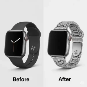 "Before and after comparison of an Apple Watch, showing the transformative upgrade with a new diamond Apple Watch band."