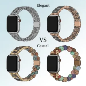 Illustration comparing different styles of beaded Apple Watch bands, from elegant to casual.