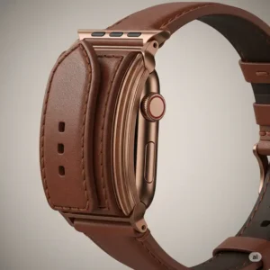 Side profile of a brown leather Apple Watch band, showcasing its thickness and layered construction for durability.