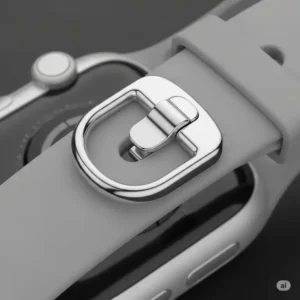 Close-up of the secure and comfortable clasp on a hypoallergenic Apple Watch band, designed to prevent skin irritation.