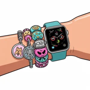 Stylishly layered and stacked apple watch charms on a smartwatch band, showcasing a popular trend for personalizing Apple Watches.