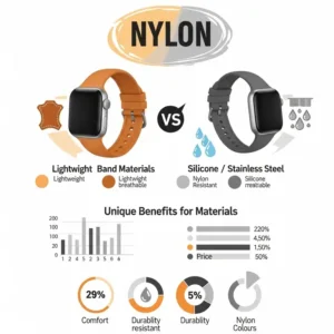 Infographic comparing features of a nylon Apple Watch band with other band materials, highlighting its unique benefits.