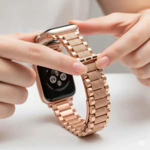  "Rose gold apple watch band highlighting its adjustable links for a perfect and comfortable fit."