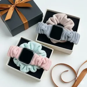 Scrunchie apple watch band neatly packaged, a perfect gift idea for Apple Watch users.