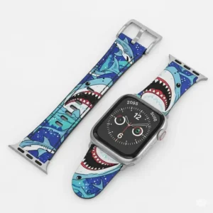 Shark apple watch band laid out next to an Apple Watch, demonstrating perfect fit and compatibility.