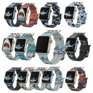 Secure and adjustable clasp mechanism on a premium shark apple watch band.