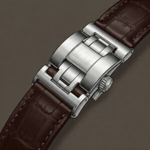 Detailed illustration of the stainless steel buckle on a premium alligator watch strap.