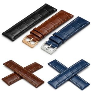 Variety of alligator watch straps in classic black, rich brown, and stylish blue.