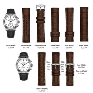 Illustration showing different widths of alligator watch straps to fit various watch lug sizes.